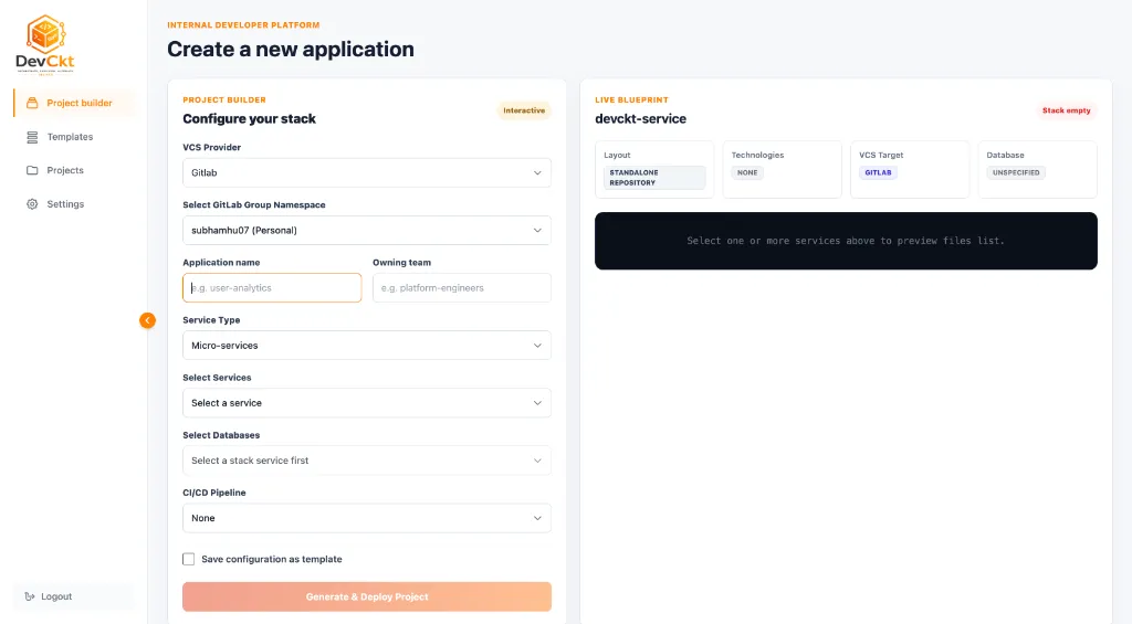DevCkt Project Scaffolder Dashboard